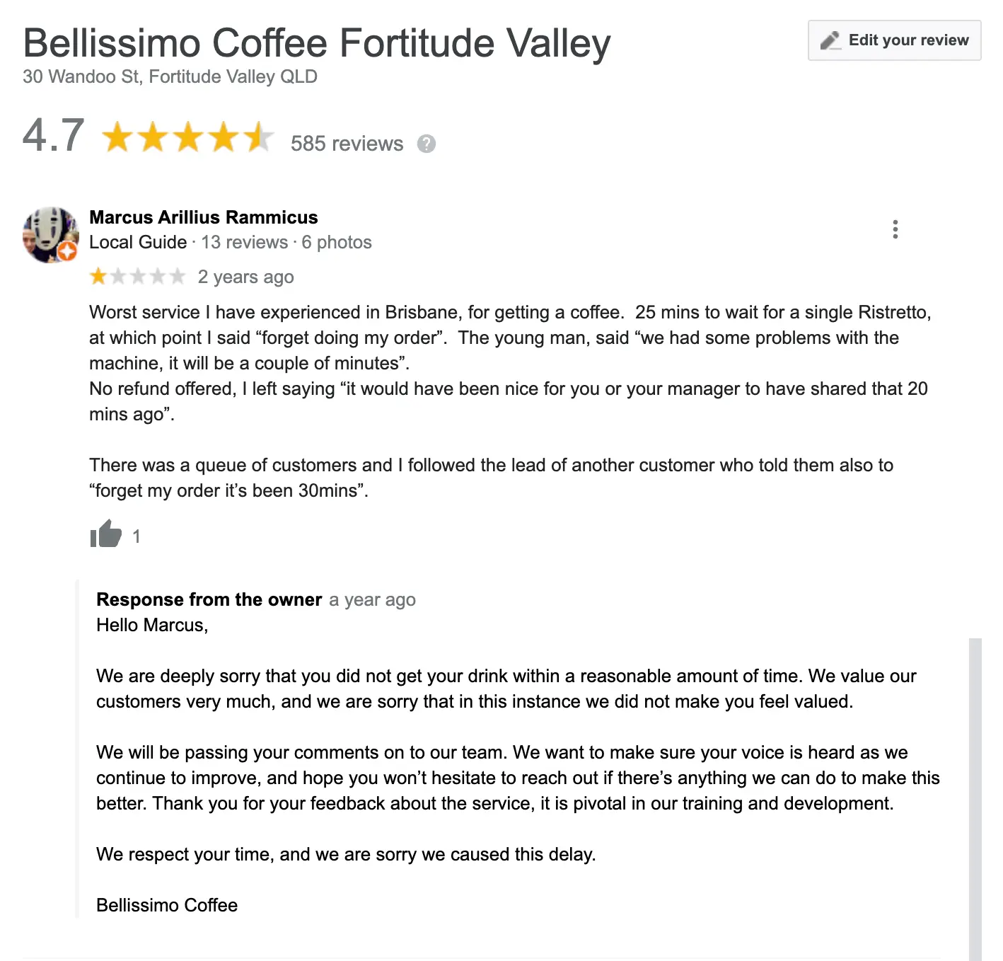 how to respond to a negative google review bellissimo coffee