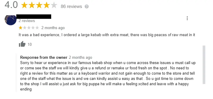 how to respond to a negative google review milton kebab