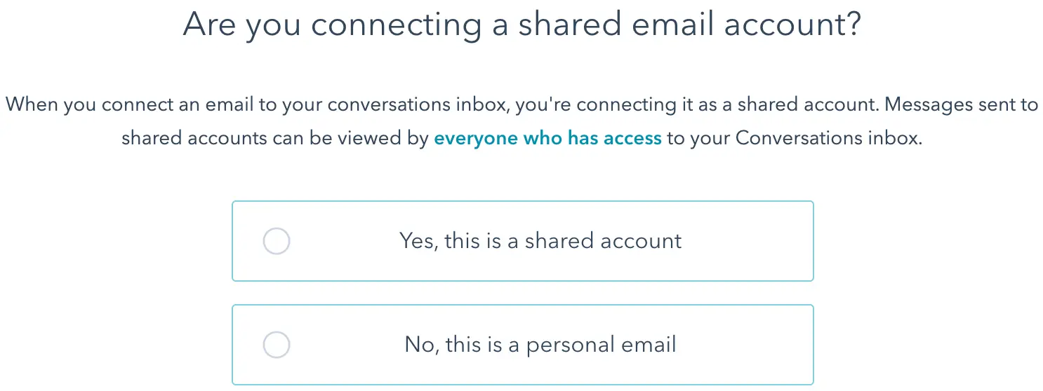 Hubspot select email account type