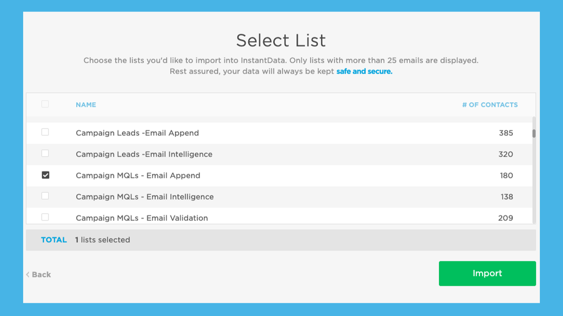 Select your list to run through InstantData
