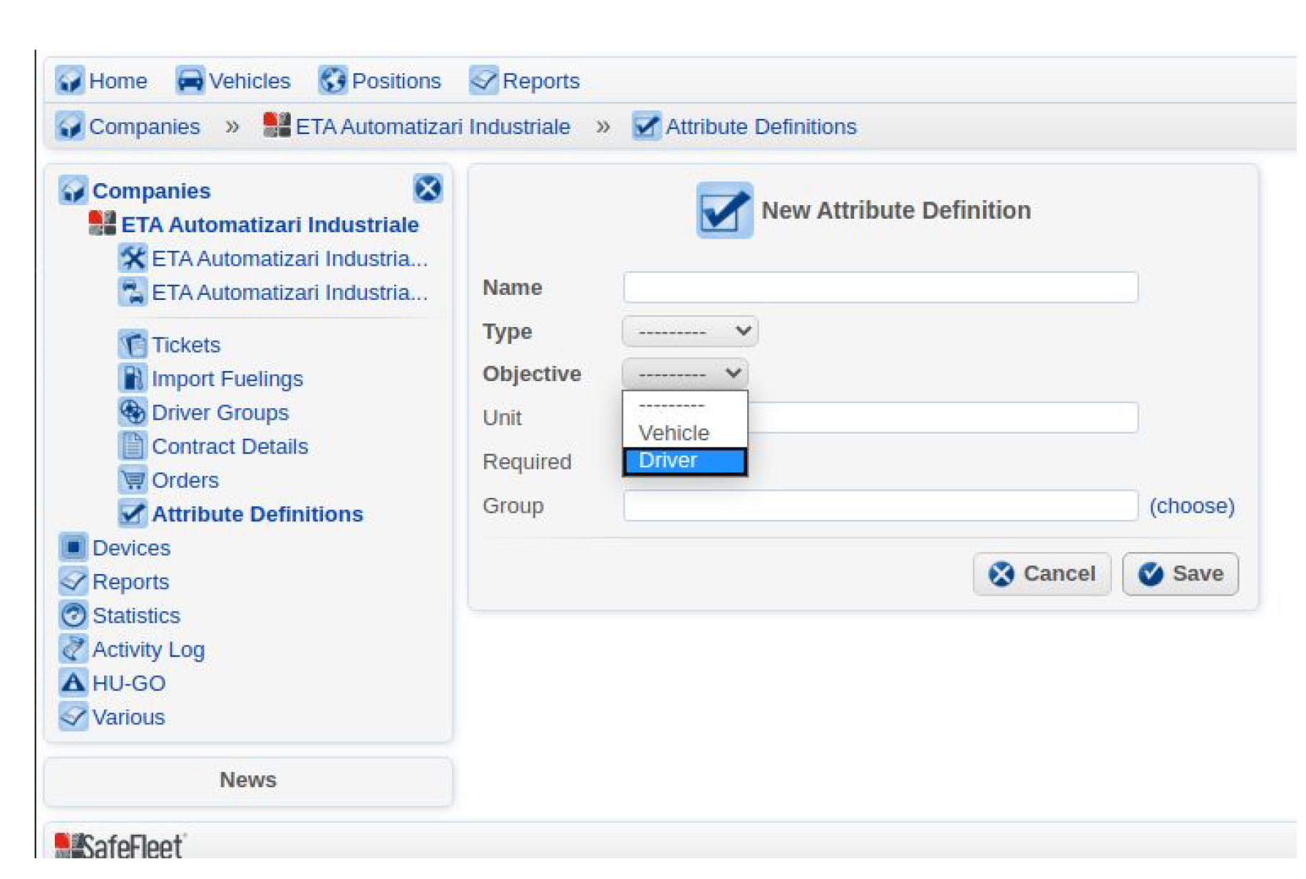actualizare soft aplicatie flote auto safefleet - atribute