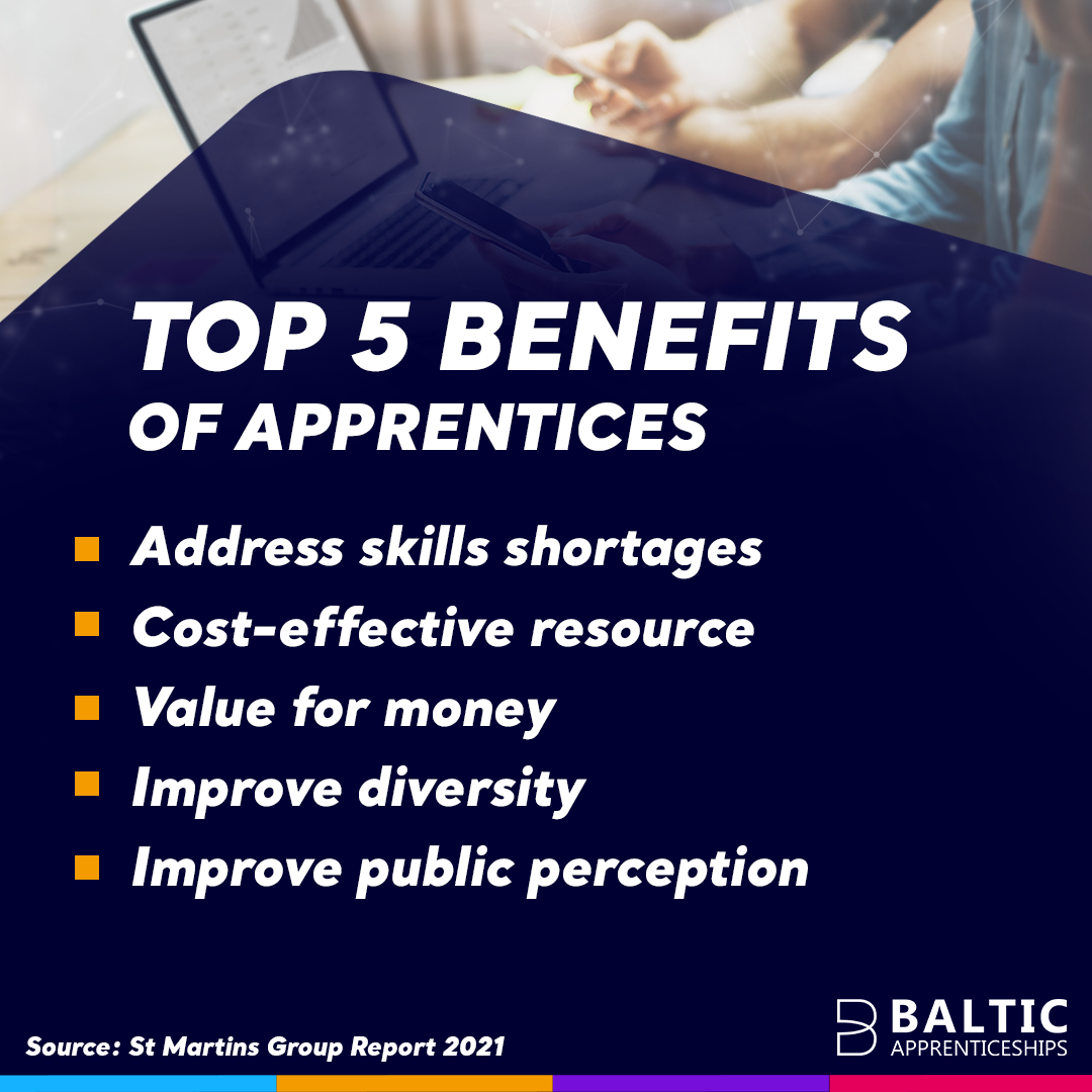 The top 5 benefits of apprentices. 1: Address skills shortages. 2: Cost -Effective Resource. 3: Value for Money. 4: Improve diversity. 5: Improve public perception.
