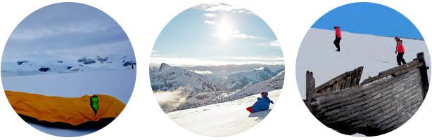 People walking and sledding  in Snowy and icy landscapes in Antarctica