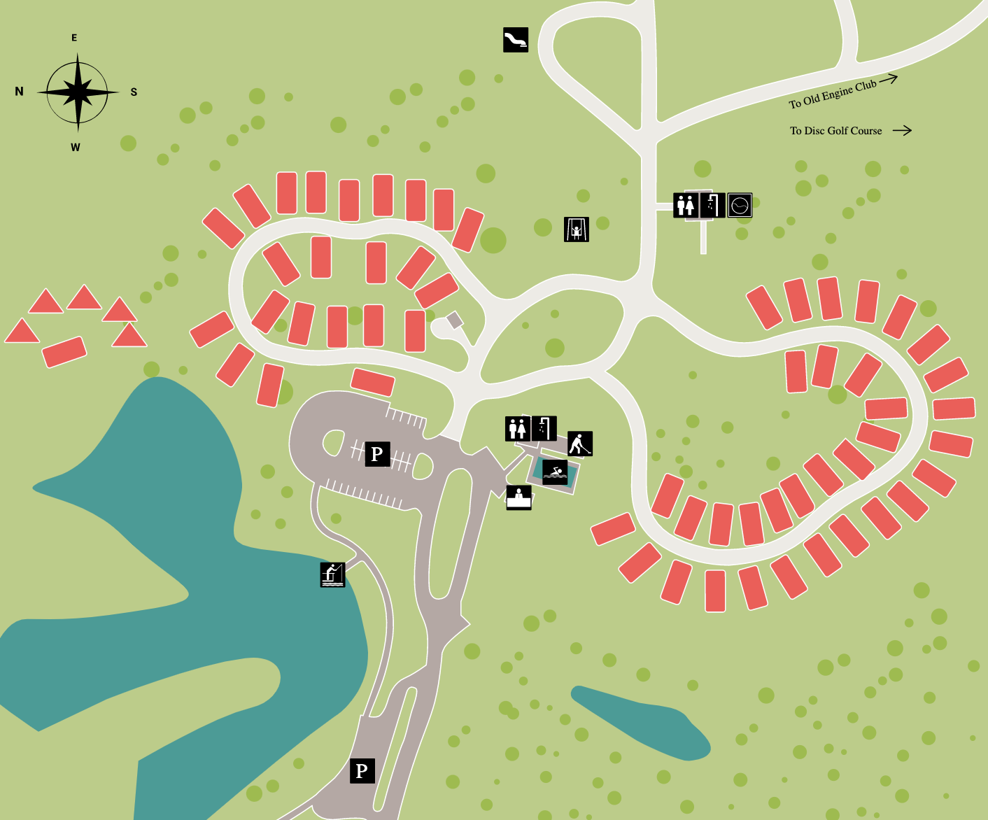 Campground map with RV sites, tent areas, parking, restrooms, playground