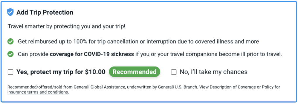Trip Protection option offering reimbursement for cancellations