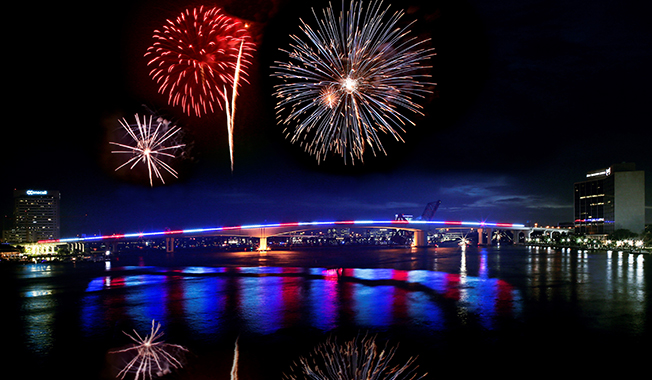 Acosta Bridge in Jacksonville, Florida lit up for the Fourth of July.
