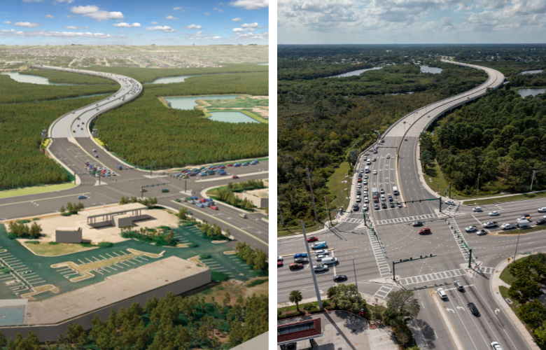 Image comparing a design phase rendering to the finished Crosstown Parkway Extension.