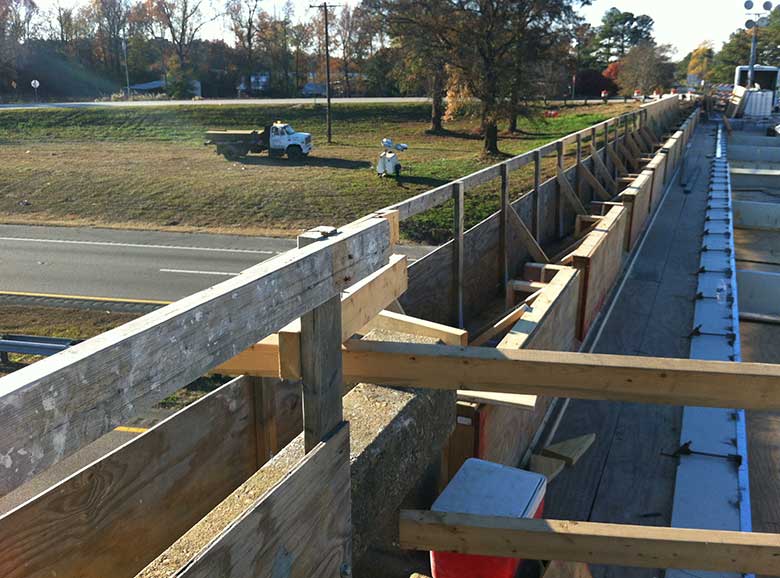 The side of a bridge under construction during a rehab transportation project in North Carolina.