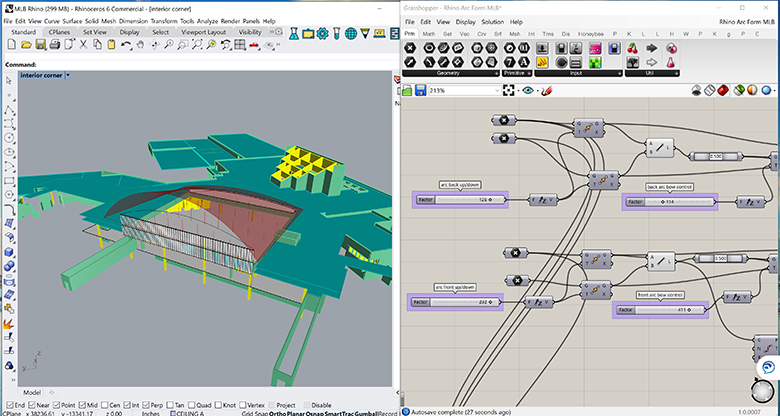 Screenshot of digital tools, Rhino and Grasshopper used for architectural design. 