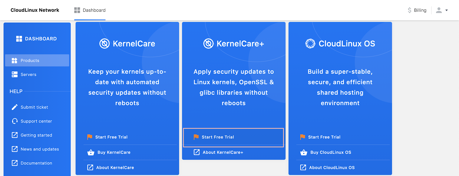 Start trial button on Cloud Linux Dashboard