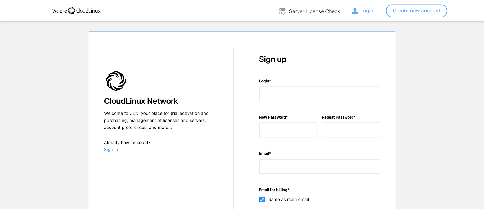 CloudLinux Network Sign Up Page
