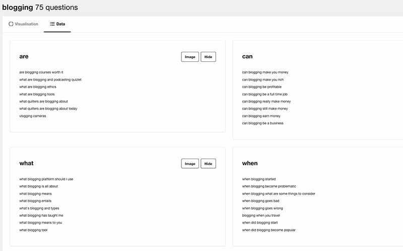 A screenshot of Answer The Public's data view.