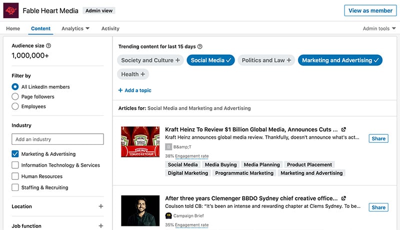 A screenshot of the Linkedin Content Suggestion Tool