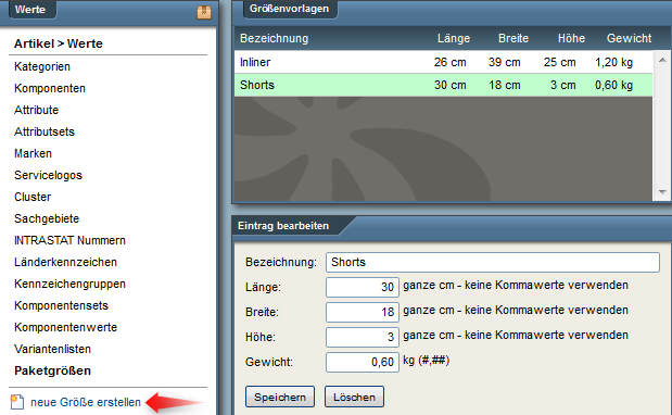 Neue Paketgröße erstellen