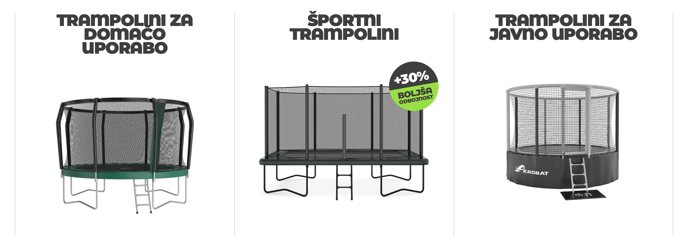Oglejte si trampoline Akrobat,  ki se ponašajo s trajno kakovostjo, izjemno izvedbo in nudijo maksimalno varnost. Pa še zabavni so!