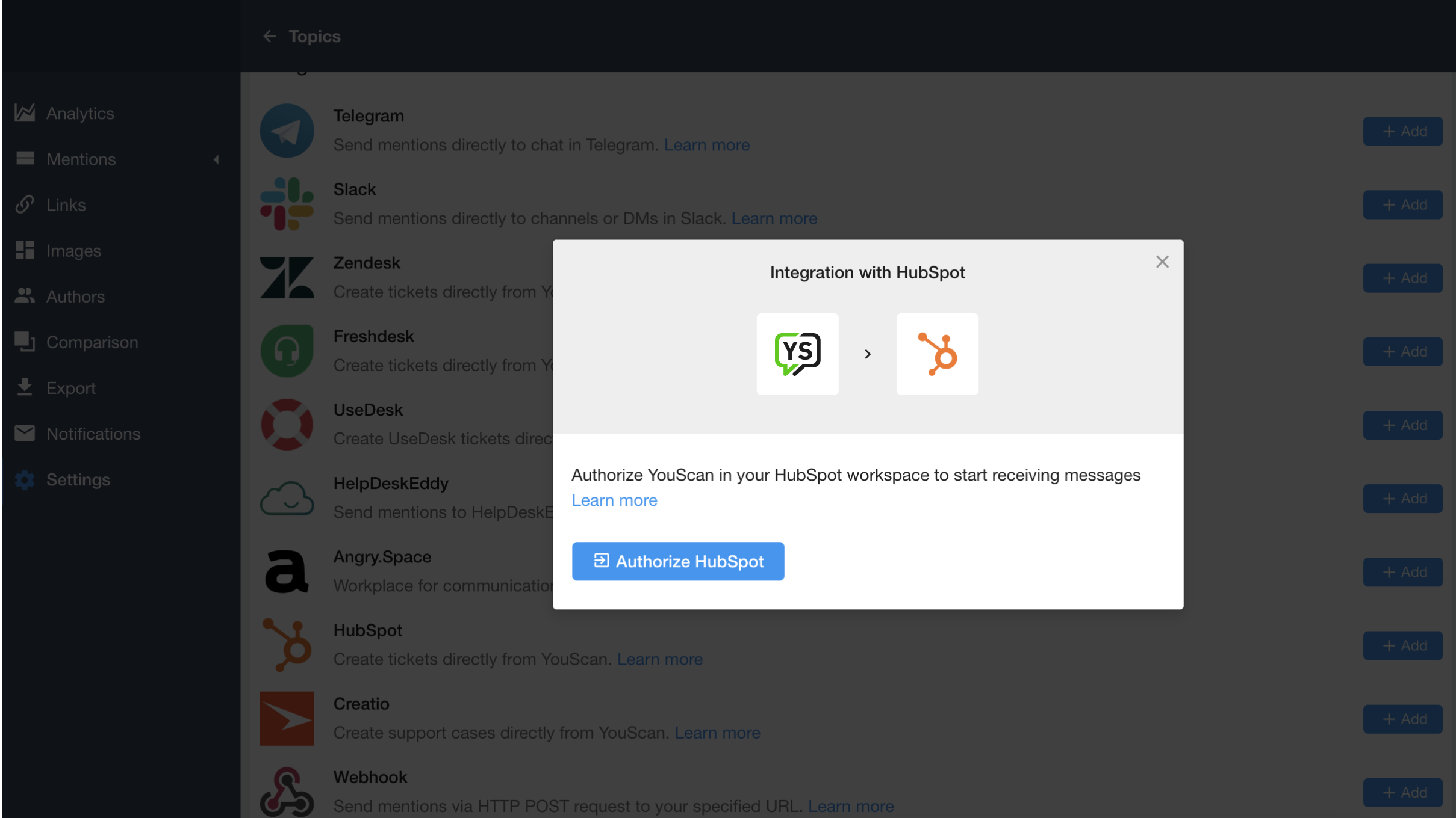 Integrate YouScan and HubSpot in one click