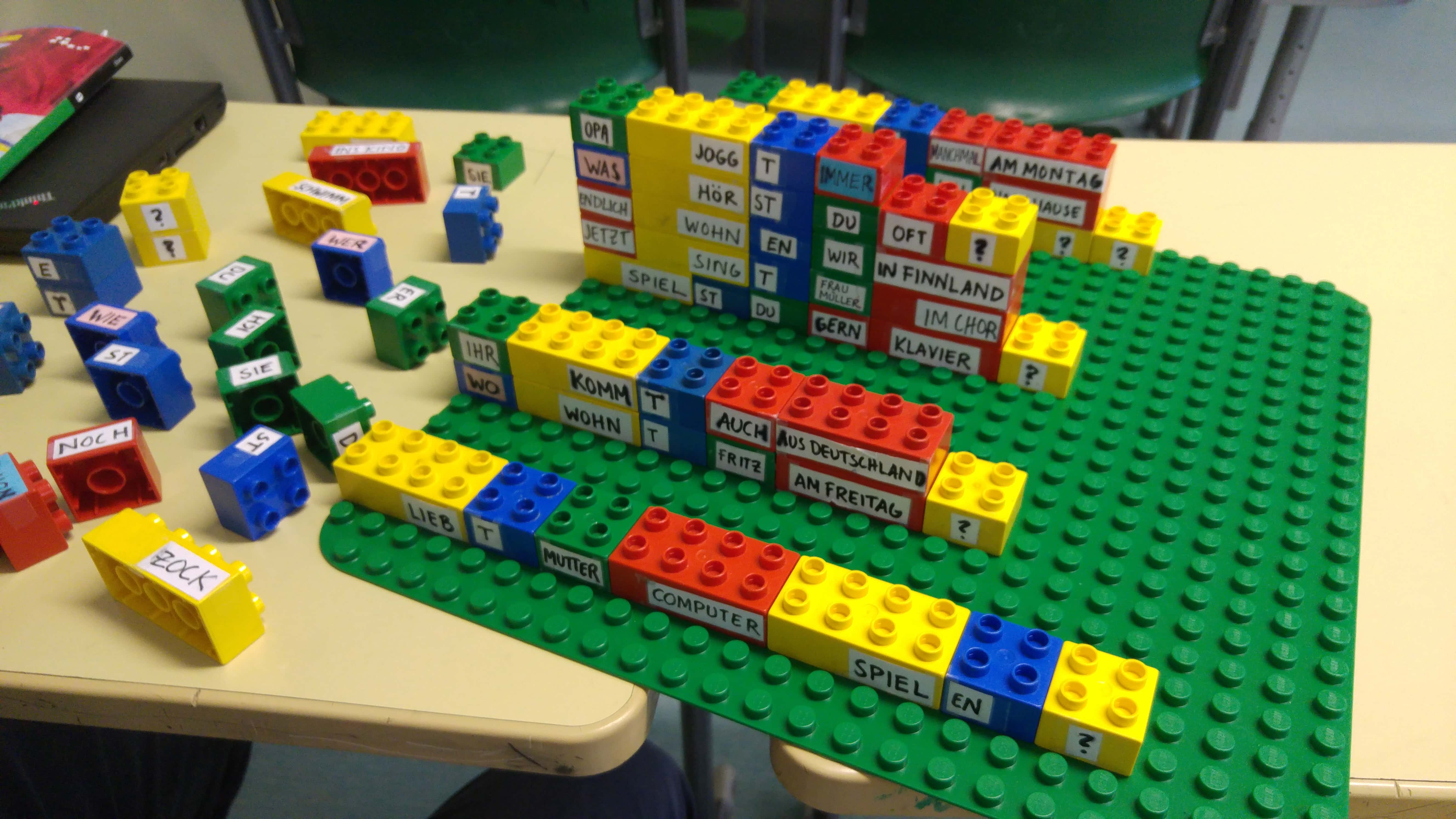 German language teaching exercise with lego blocks