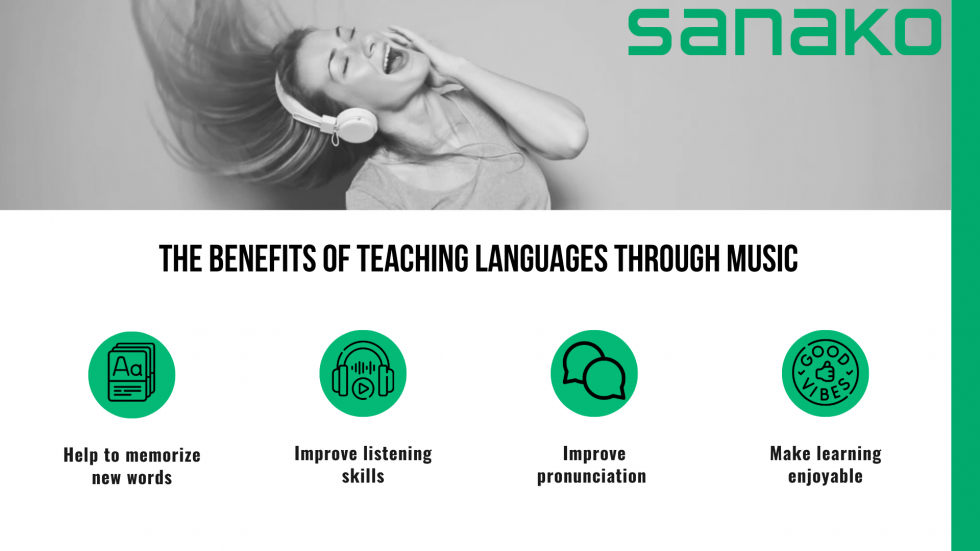 Image describing the benefits of using music in language teaching