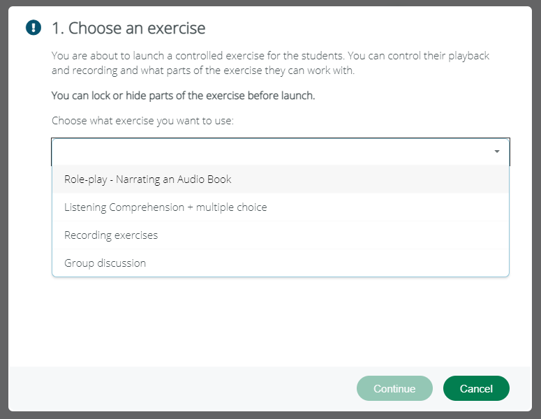 Screenshot from Sanako Connect - choosing the exercise