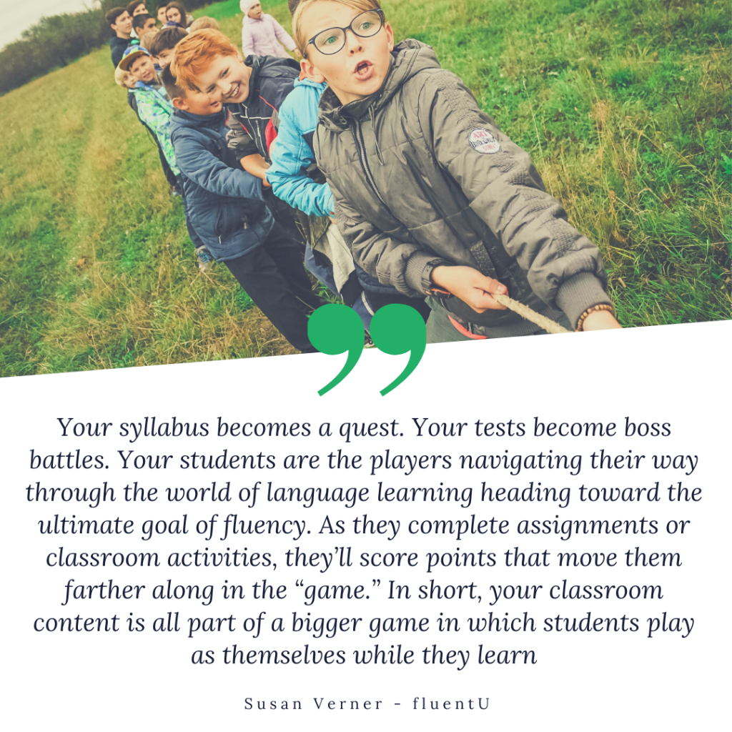 A picture of young students pulling a rope together and a motivational quote regarding how games increase students' engagement
