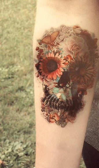Arm Flower Skull Tattoo by Anabi Tattoo