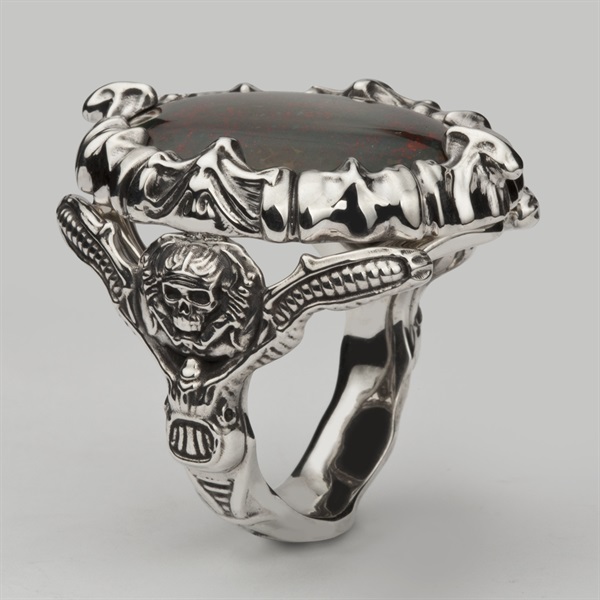 Bespoke Alien Bone Skull Ring in Silver & Bloodstone Made For Game Of Thrones Kristian Nairn