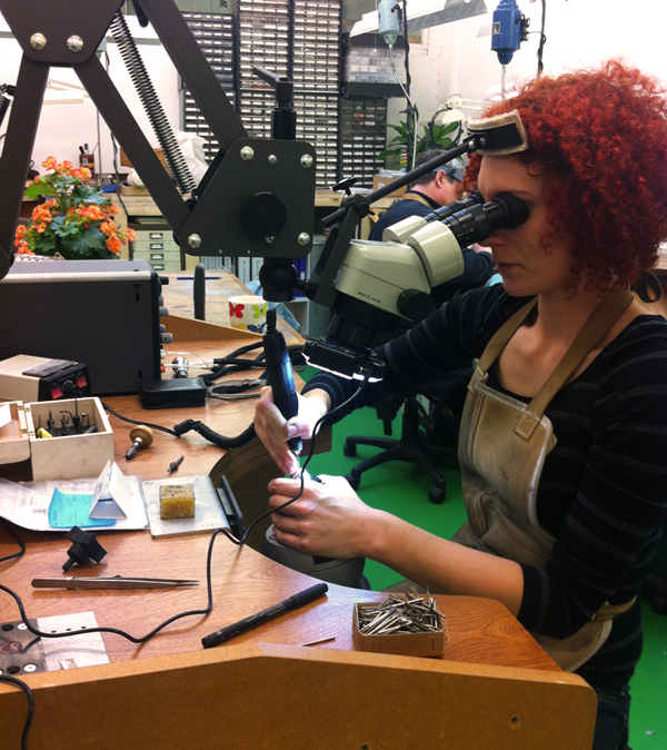 Isabelle working on a diamond ring in Stephen Einhorn London jewellery workshops