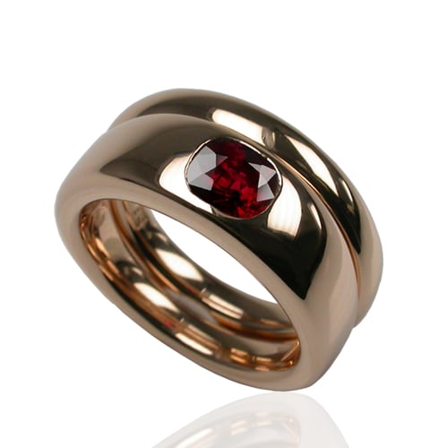 Ruby Tuesday_Stephen EInhorn Vixen Engagement & Wedding Ring Set 18 Carat Rose Gold & Cushion Cut Ruby