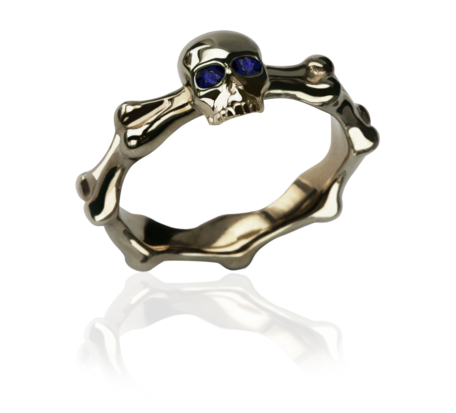 Skull and bones ring in yellow gold and blue sapphires_Stephen Einhorn London