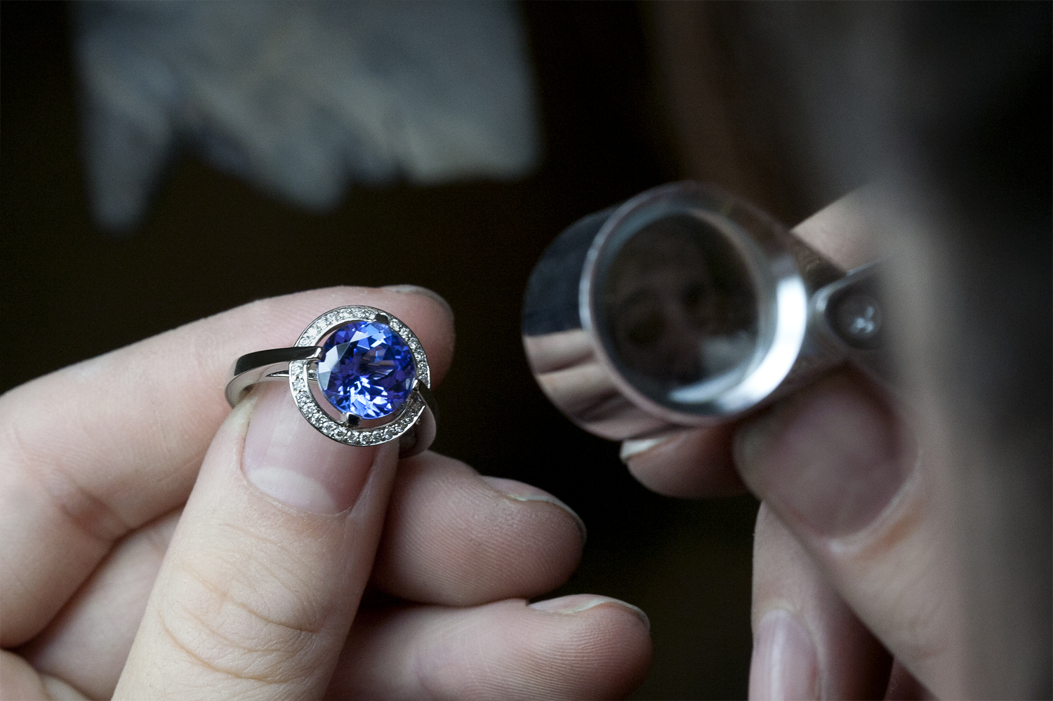 Stephen Einhorn Tsarina Diamond Halo Ring Platinum & Brilliant Cut Tanzanite - London Engagement Rings