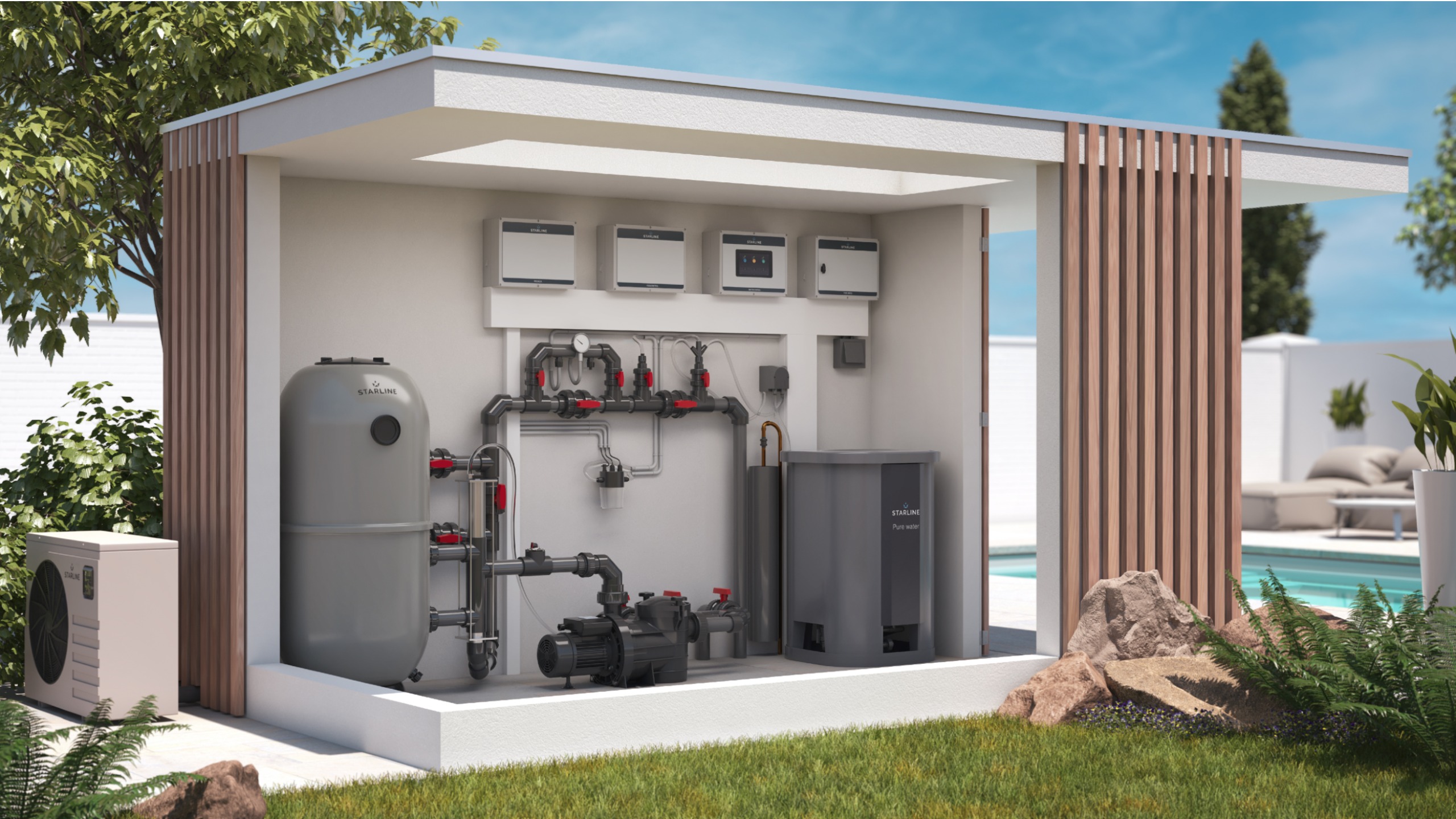 Waterbehandeling Starline in een klein poolhouse allemaal zwembad techniek met lamellen en een warmtepomp ernaast