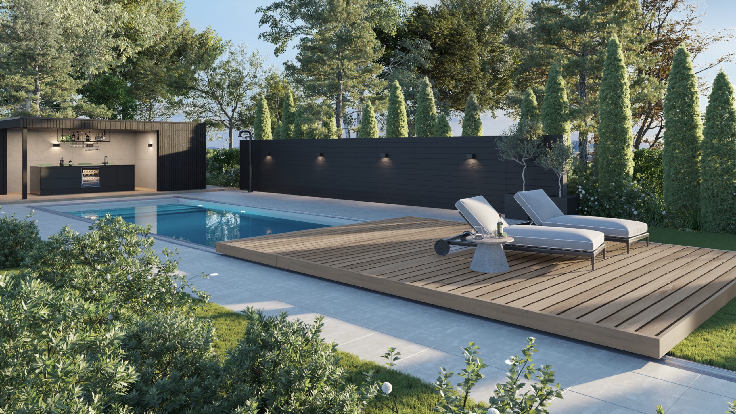Poolhouse met daarvoor een zwembad waarover een mobiel verschuifbaar terras ligt met daarop ligbedden