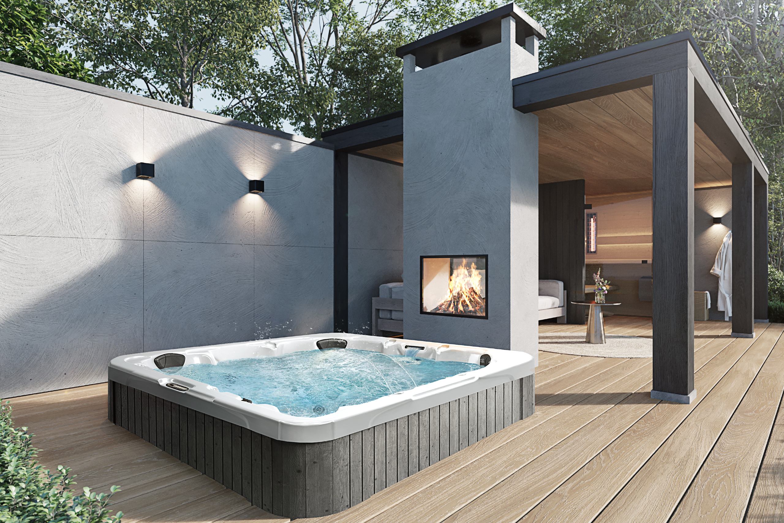 Poolhouse met verzonken spa van dimension one jacuzzi openhaard houten vlonder modern poolhouse erachter