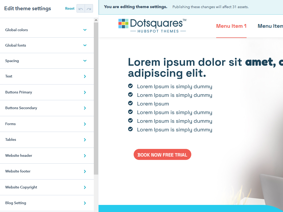 Change color, style and typogrphy easily in HubSpot's theme settings